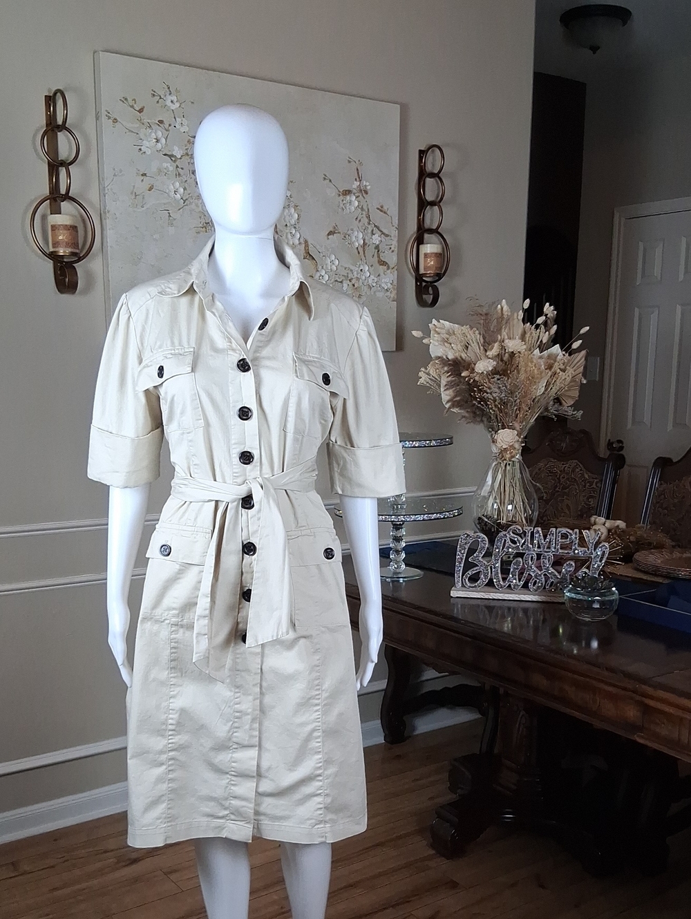 Women’s Beige Utility Shirt Dress With Belt And Pockets Summer Dress Medium